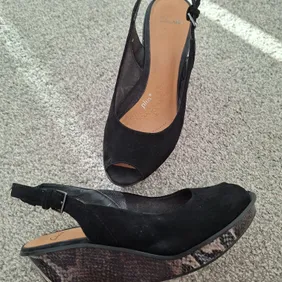 Clarks Plus* Suede Snakeskin Wedge Heels UK5 Black Slingback Peeptoe Platform