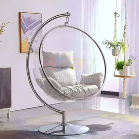 Transparent Hardened Acrylic Seat Hanging Egg Chair With Grey Cushion (Silver Alloy Steel Frame, Ped