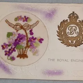 WW1 Silk Postcard, The Royal Engineers with Badge and message on rear, 1914/1918