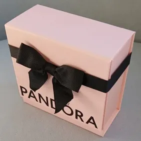 Pandora box, pink with black ribbon, 12 w x 12 t x 6 d