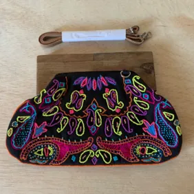 Beautiful Embroidered and Beaded Canvas Wood Frame Clutch / Cross Body Bag By Brown Pepper Handbags.