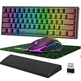 60% Wireless Gaming Keyboard & Mouse & Wrist Rest Combo 2.4GHz Rechargeable 3800mAh 61 Keys Compact 