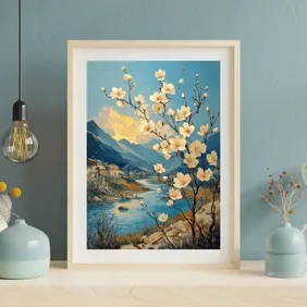 Spring Blossom River Landscape, Serene Mountain Painting | Digital Download Wall Art 