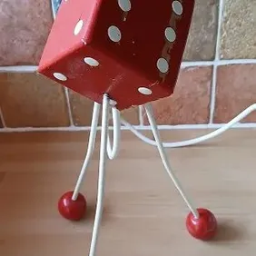 Atomic Tripod Red & Cream Wooden Dice Lamp, Ball Feet, retro, vintage