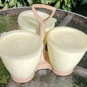 Tupperware 733 Condiment Containers/Lids with Serving Caddy Almond, vintage