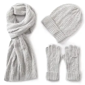 Villand Women's Wool Winter Set - 3-in-1 Knitted Beanie, Gloves & Scarf, Grey