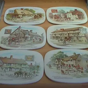 6 x YE OLDE MERRY ENGLAND INNS COASTERS, vintage, retro, shabby chic